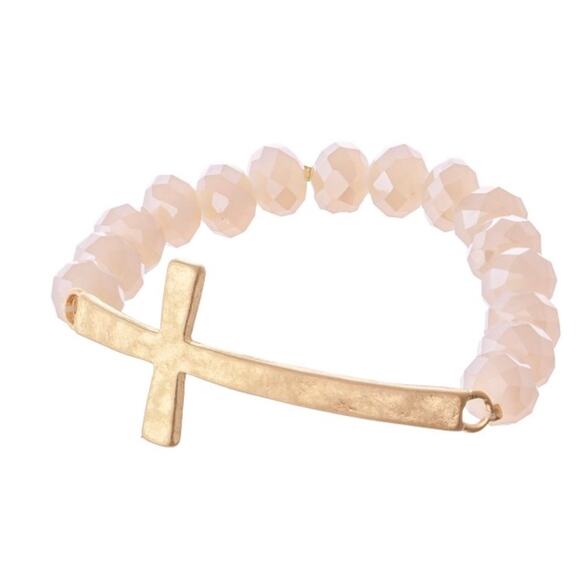 RETAIL $25 Natural Faceted Bead Bracelet with Gold Metal Cross*stretch to fit - Picture 1 of 1